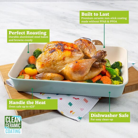 Clean Ceramic Roasting Pan Aqua 14 Inch Durable Nonstick Oven Safe Dishwasher - Picture 4 of 7